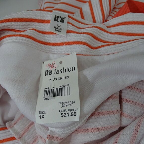 Its Fashion Dress Pleated Women Plus Size 1X Orange & White Striped NEW w/FLAW - Picture 5 of 8